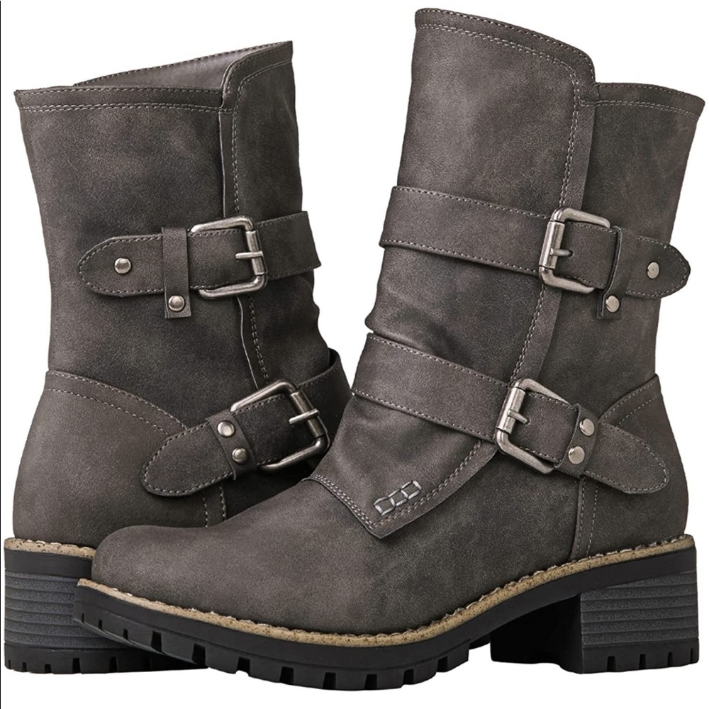 Grey Buckle Mid Calf Boots Vegan Leather
